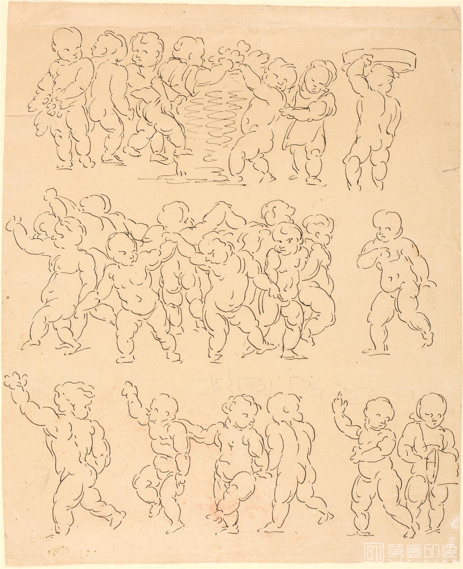 素描-西班牙普拉多美术馆素描藏画-Anonimo-Grupo de amorcillos bailando-0285